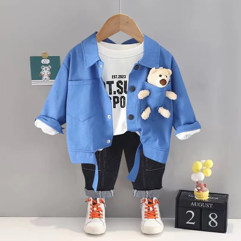 Girls clothes spring and autumn baby suit cartoon bear long-sleeved sweatshirt boys and girls plaid vest pullover 3Pcs