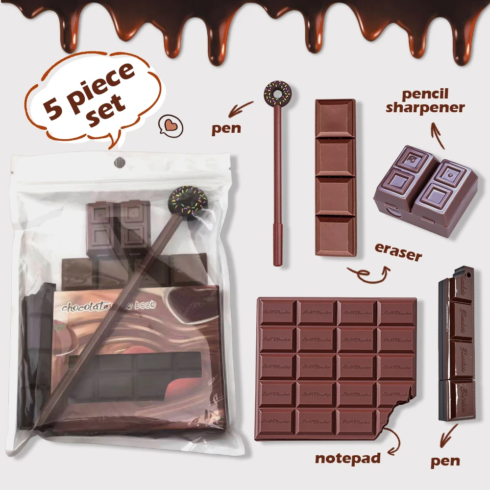 Kit 5pcs Creative aesthetic chocolate stationery set, Pen Sharpener Notepad Eraser School Material