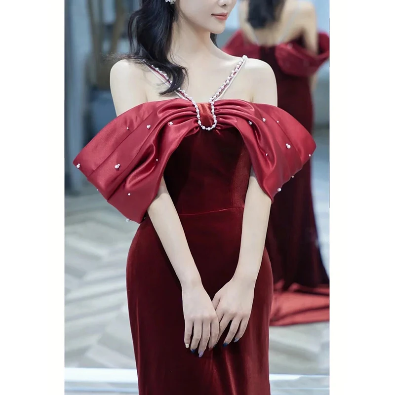 

Red Wedding Dress Long Tail Fish Tailed One Shoulder Women's Dress Korean Style Short Sleeve Pearl Embellished Engagement Gown
