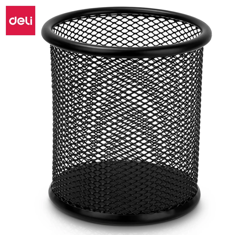 Deli 9172 Round Metal Mesh Pen Holder Black Desktop Pencil Storage Cup Office School Desk Organizer 1Pc