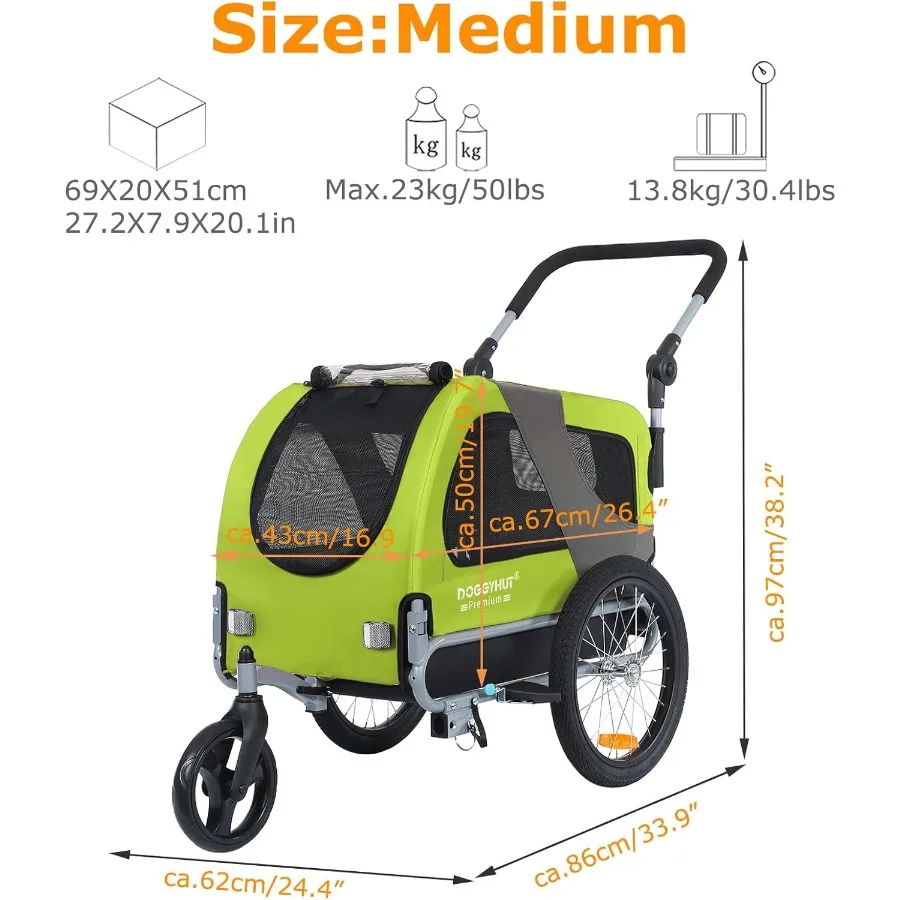 รถเข็นจักรยานสำหรับสัตว์เลี้ยง รุ่นพรีเมียม M 2in1 สำหรับสุนัขน้ำหนักไม่เกิน 50 ปอนด์ พร้อมเบรกจอด โครงรถพับเก็บง่าย ข้อต่อจักรยานอเนกประสงค์