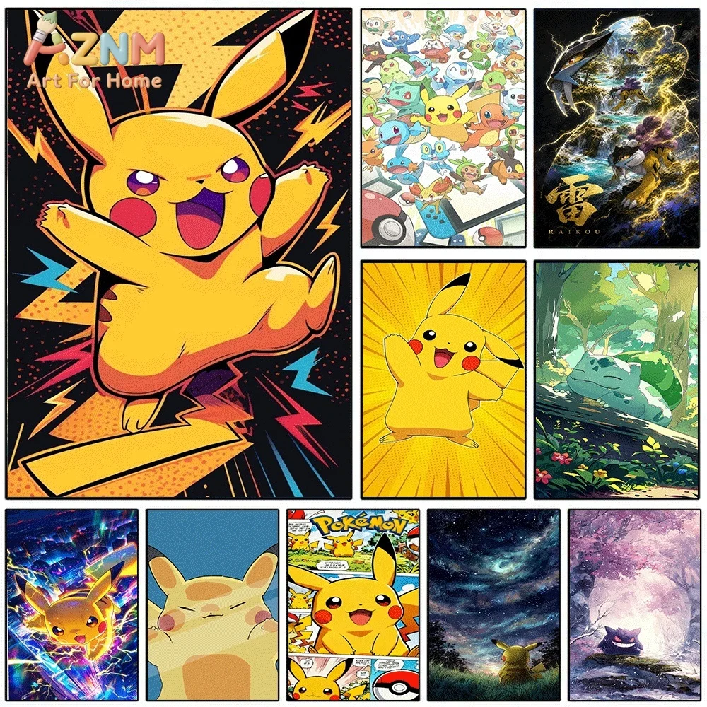 Anime Pokemon Pop‑art Pikachu Canvas Wall Art, Electric‑type Pocket Monster Cartoon Frameless Canvas Painting for Kids Bedroom