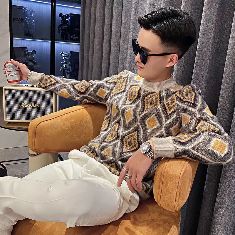 Mann Kleidung Argyle Rund kragen Strick pullover für Männer Plaid Pullover mit Rundhals ausschnitt Grafik Kleidung reines Kaschmir elegant x a
