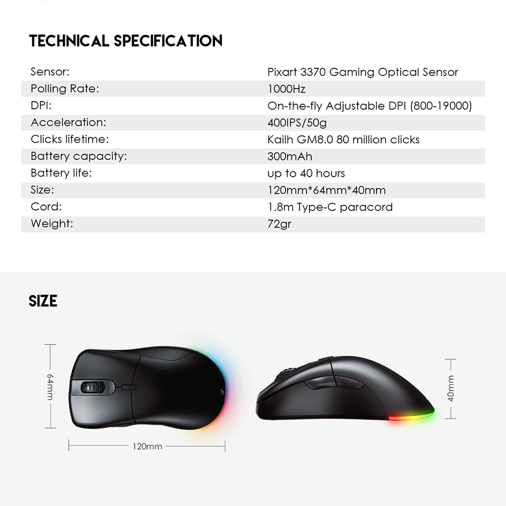 Imagem -05 - Fantech-helios go Xd5 com Fio e sem Fio Rgb Gaming Mouse Lod Ajustável Apenas 72g e 40 Horas de Ratos sem Fio Pixart 3370