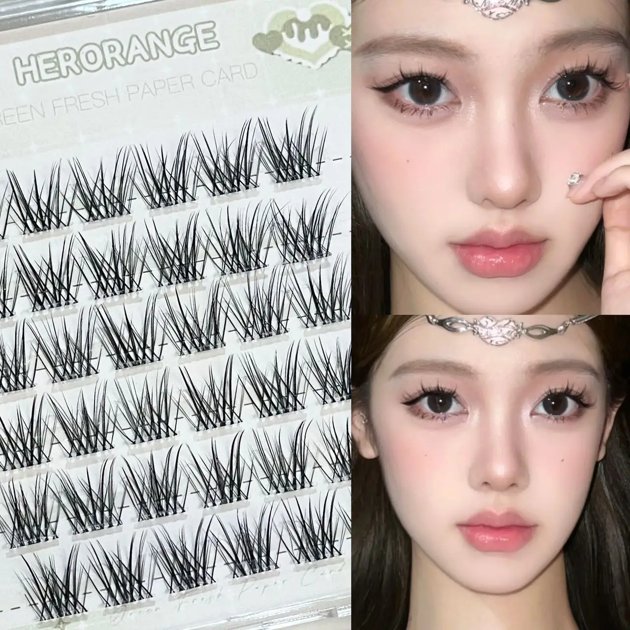Herorange Stem Free Pre Glued Swallowtail Cluster Lashes Invisible Band Curly Anti Collapse Natural Oxygen Daily Eye