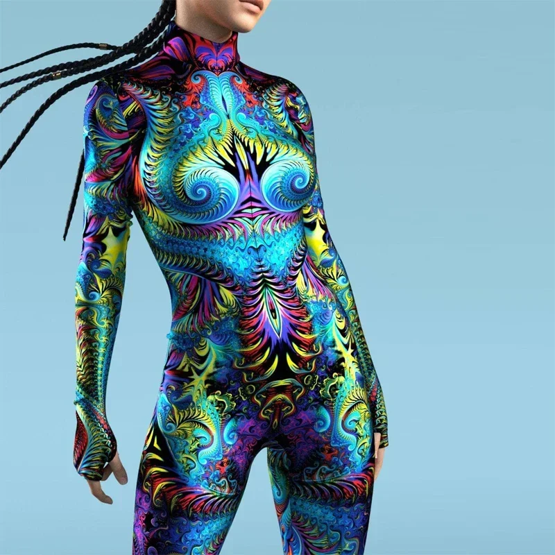 

Abstract Art Cosplay Costume for Woman Holiday Party Jumpsuit Sexy Zentai Bodysuit Front Zipper Female Catsuits
