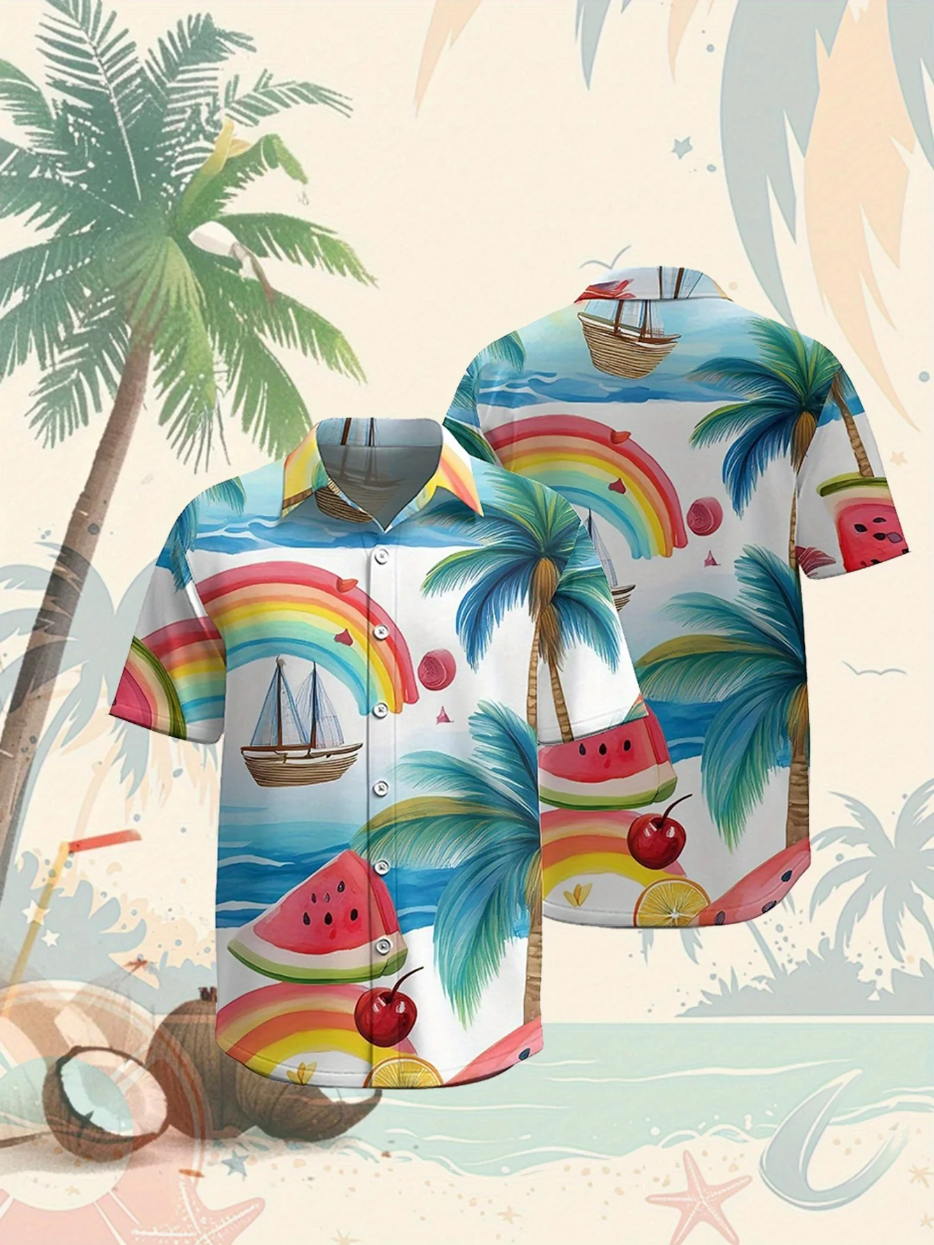 

Men's Large Hawaiian Print Button- Shirt - Short Sleeve Tropical Beach Shirt With Watermelon, Sailboats & Palm Trees, Relaxed F