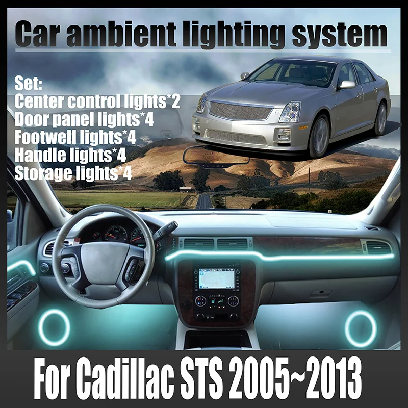Luces LED Ambientales para Cadillac STS 2005~2013, Luces de Atmósfera Coloridas, Tira de Neón Interior para Auto, Iluminación RGB de 64 Colores