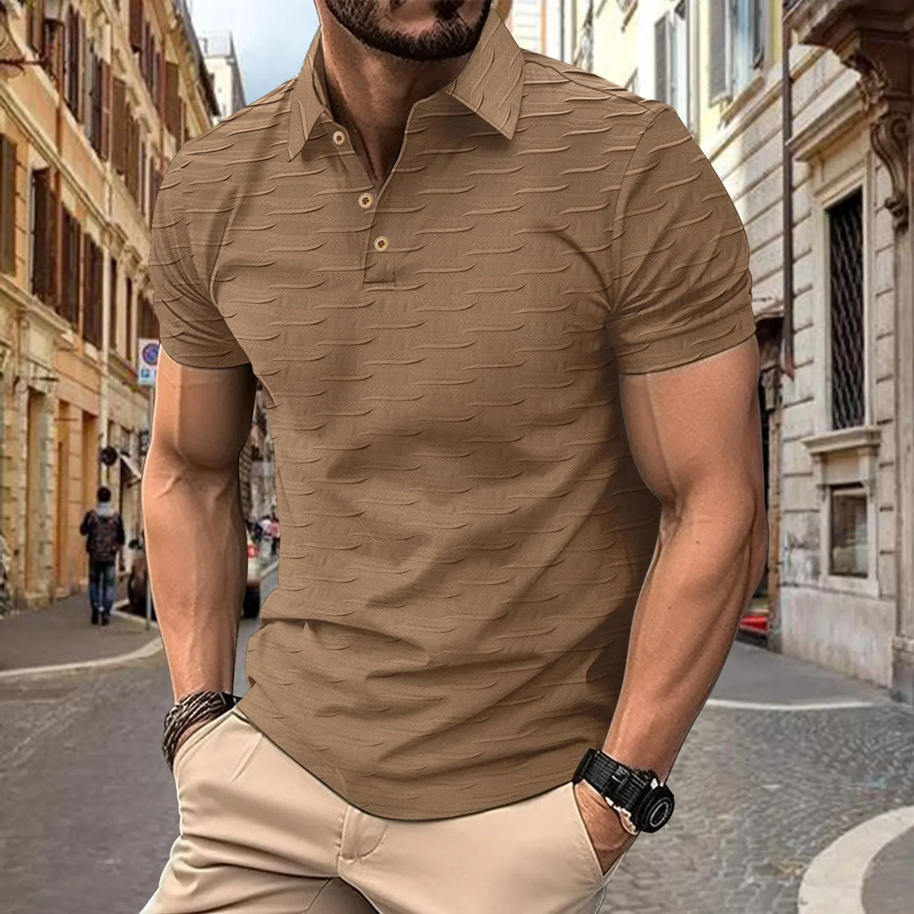 Europe and The United States Men's 2024 Summer POLO Shirt T-shirt Simple Solid Color Men's Button Jacquard Short Sleeve Top