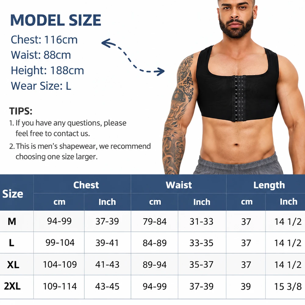 Men Chest Compression Vest Gynecomastia Slimming Body Shaper Tummy Control Shirt Hook Eye Closure Mesh Back Undershirt
