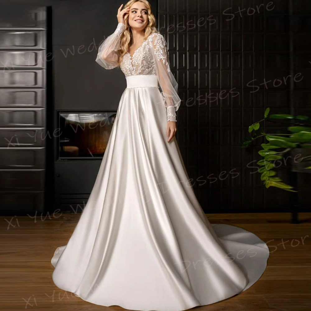 

Generous Beautiful A Line Women's Wedding Dresses Simple Lace Appliques Bride Gowns Elegant V Neck Long Sleeve Vestido De Noivas