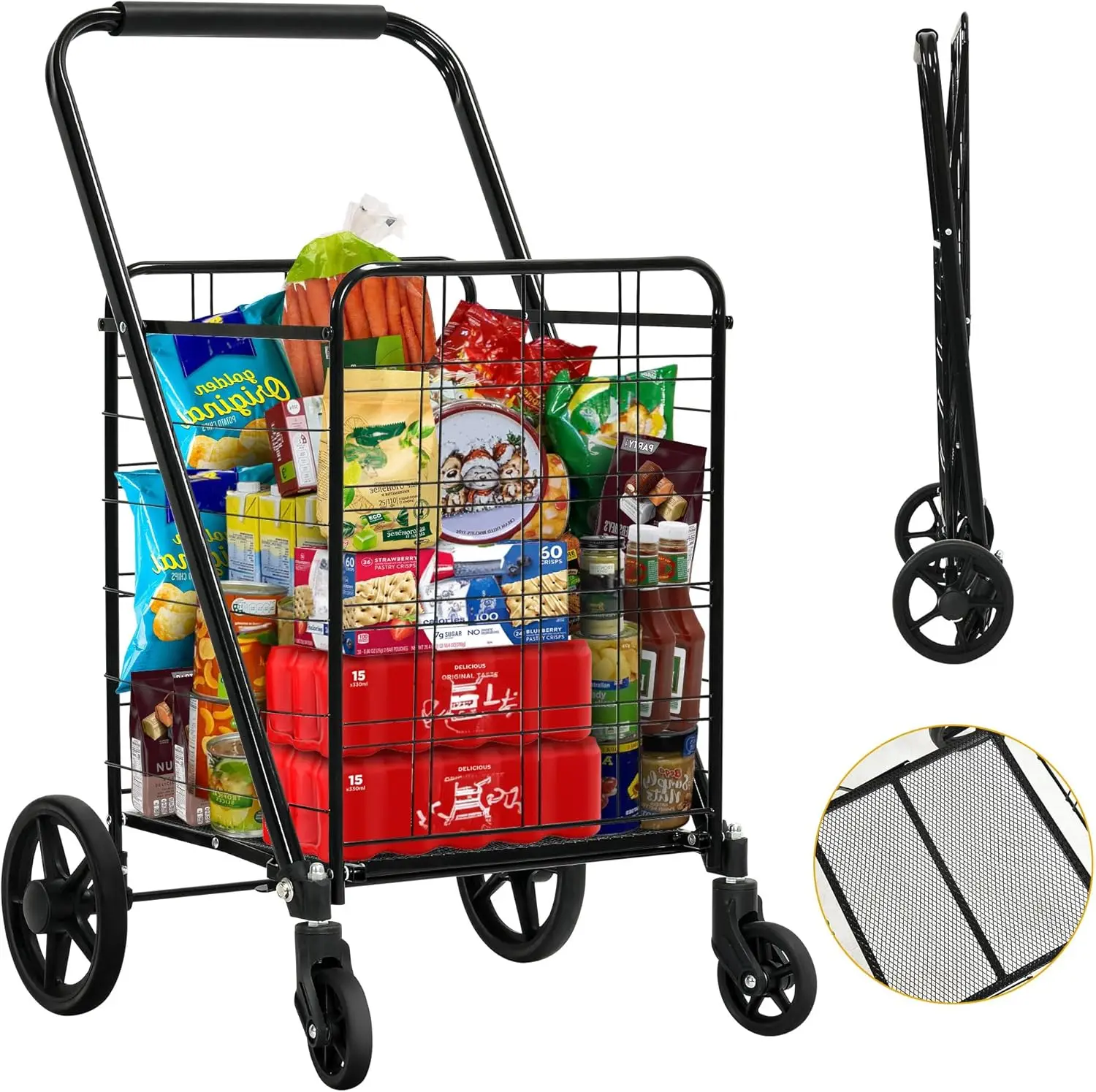 

Heavy Duty Folding Shopping Cart with Wheels, Large Rolling Foldable Grocery Cart with Reinforced Mesh Bottom Panel, Portable Co