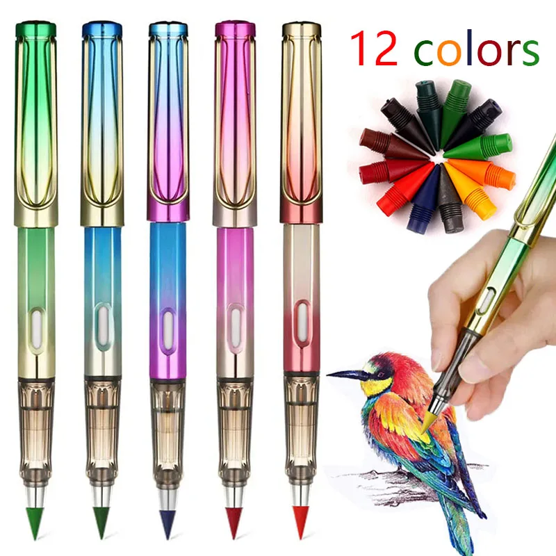 New Eternal Pencil 12 Colour Art Drawing Pencil Infinite Writing Technology Inkless Erasable Marker Pen Kawaii Stationery