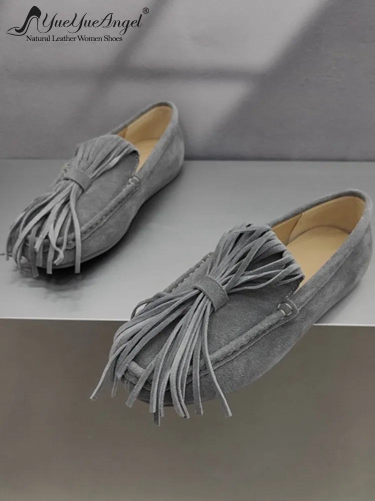 

Leisure Handmade Cowhide Tassels Solid Color Loafer Fashion Female Comfortable Genuine Leather Slip On Round Toe Flat Shoes