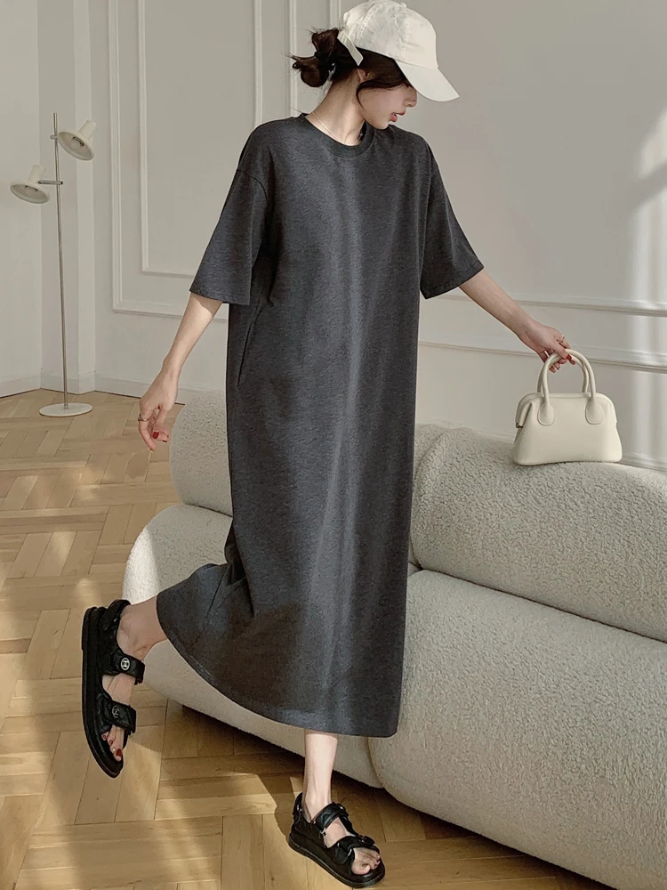 NYFS 2025 فستان صيفي فضفاض مقاس كبير فساتين طويلة متينة على الطراز الكوري رداء Elbise فستان نسائي بأكمام قصيرة