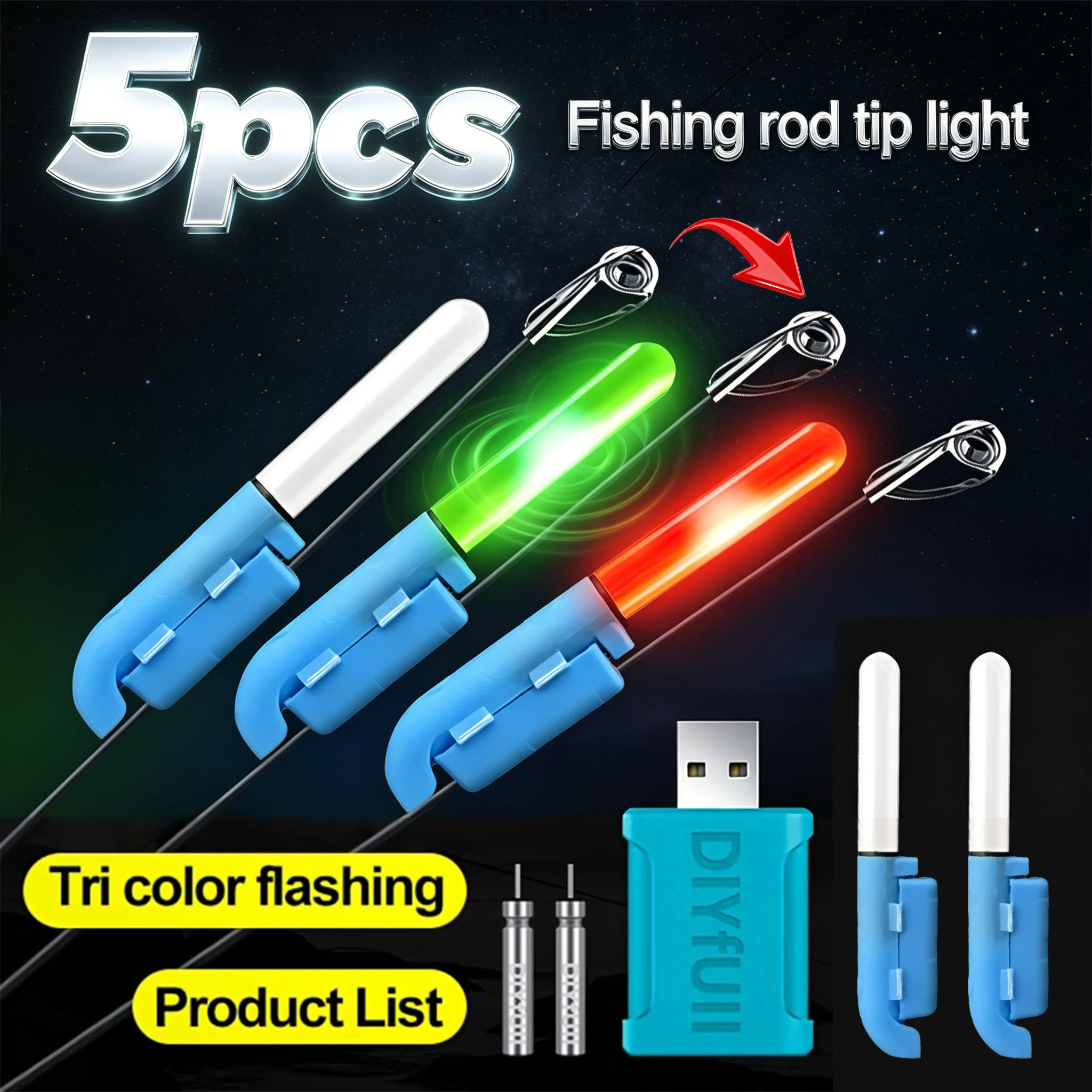 5PCS (2+2+1) Nuevo juego de luces para la punta de la caña de pescar nocturna; cambia de color cuando un pez se porrea en el anzuelo; indicador de picada; luz de alarma de pesca.