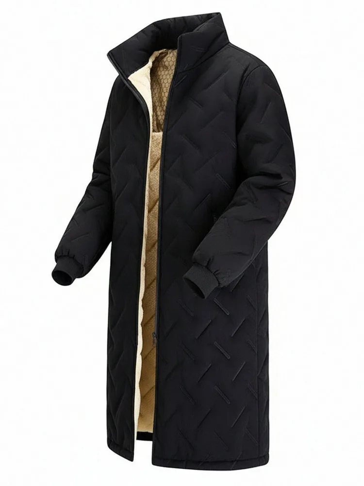 Mid-Length Winter Jacket Man Warm Long Coat Casual Quilted Padded Jackets Solid Color Outdoor Parkas Fleece Lined Thick Outwear