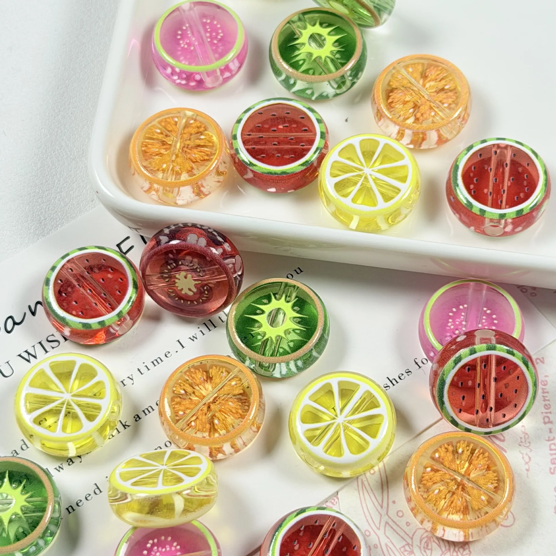10Pcs 18MM Transparent Printed Summer Fruit Lemon Watermelon Round Flat Beads Diy Bracelet Necklace Earrings Jewelry Accessories