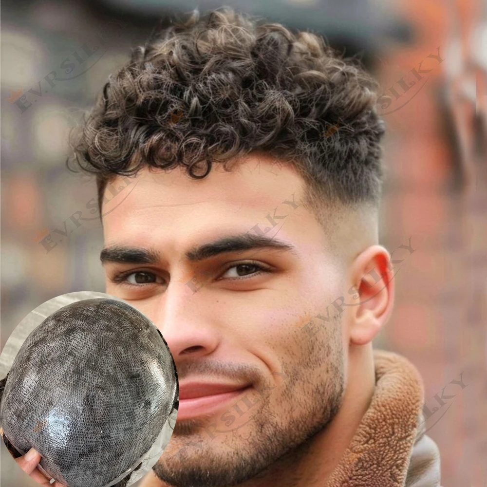 

18 мм афро вьющийся мужской парик, человеческие волосы, супер прочный, полный парик из искусственной кожи, система замены лысых волос, мужской протез для волос, капиллярный