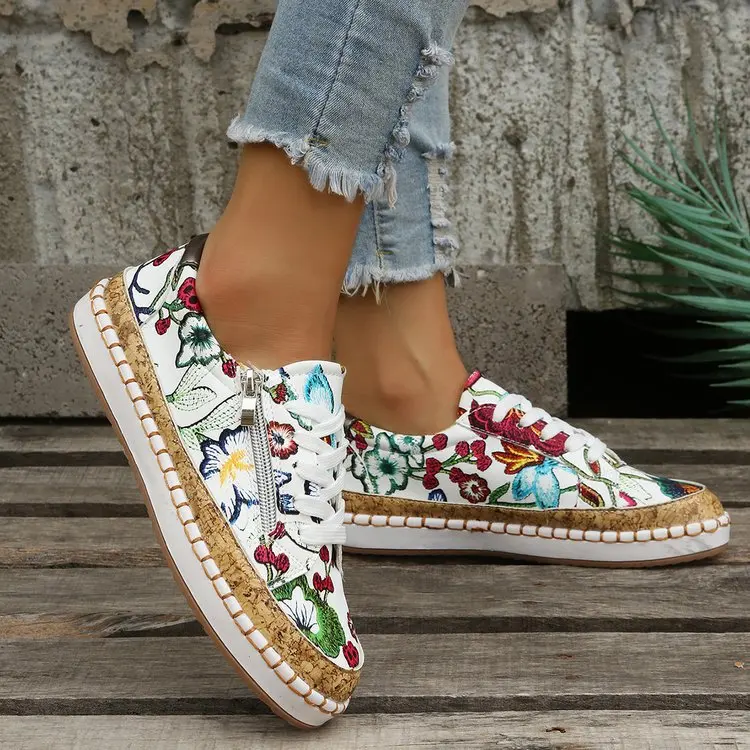 Women Sneakers Fashion Lady Vulcanized Shoes Floral Printed Lace Up Female Flat Shoes Women Loafers Non Slip Casual Shoes Ladies