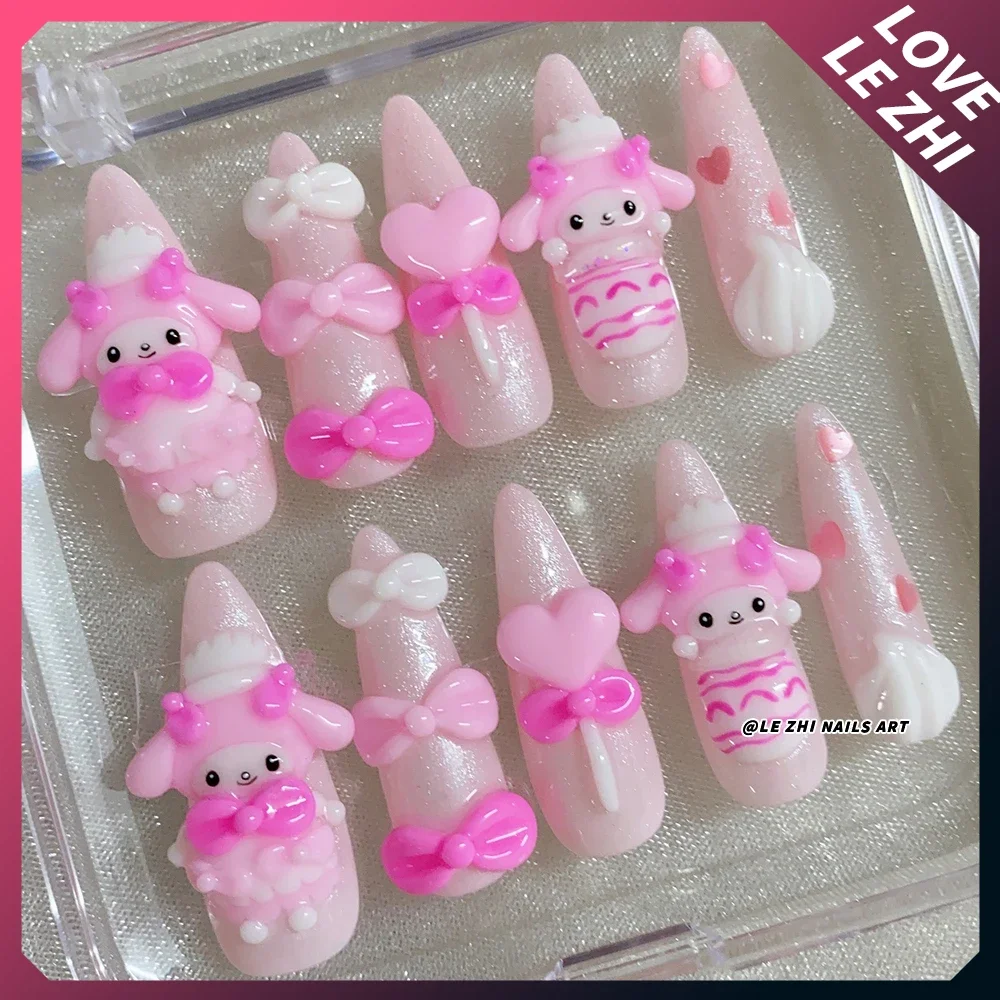 Kawaii الكرتون سانريو بلدي ميلودي كورومي Rilakkuma اليدوية اضغط على الأظافر Y2K أربع أوراق البرسيم اللؤلؤ Bowknot يمكن ارتداؤها أظافر صناعية #5