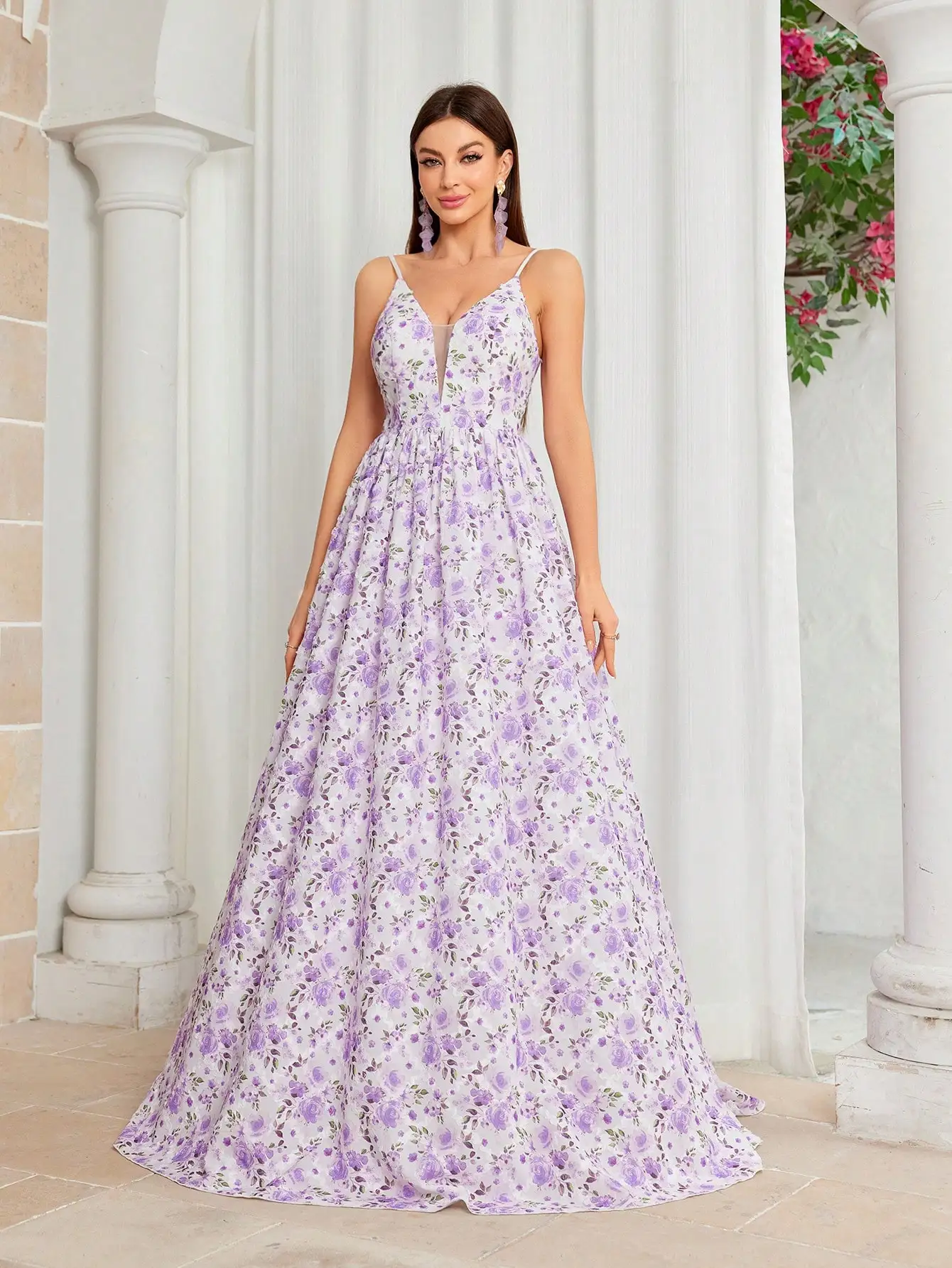 펜던트가 달린 MGIACY 로맨틱 플로럴 프린트 맥시 드레스