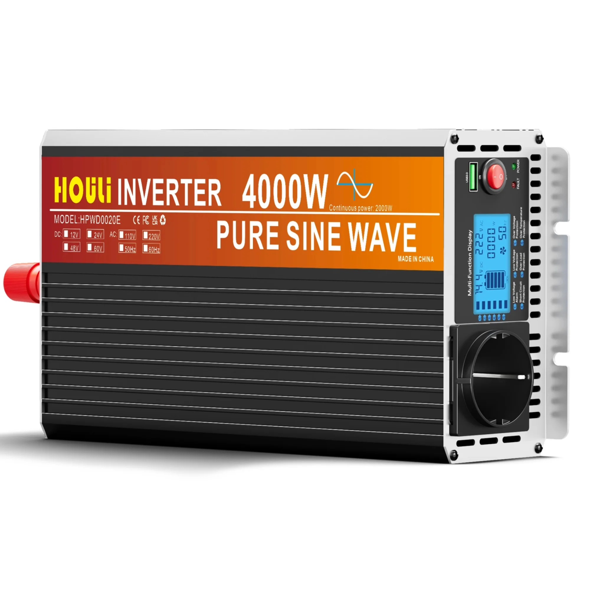 Convertisseur Pur Sinus 2000W/4000W -DC 12V à AC 220V/230V Onduleur-1 Prise EU de Courant Alternatif