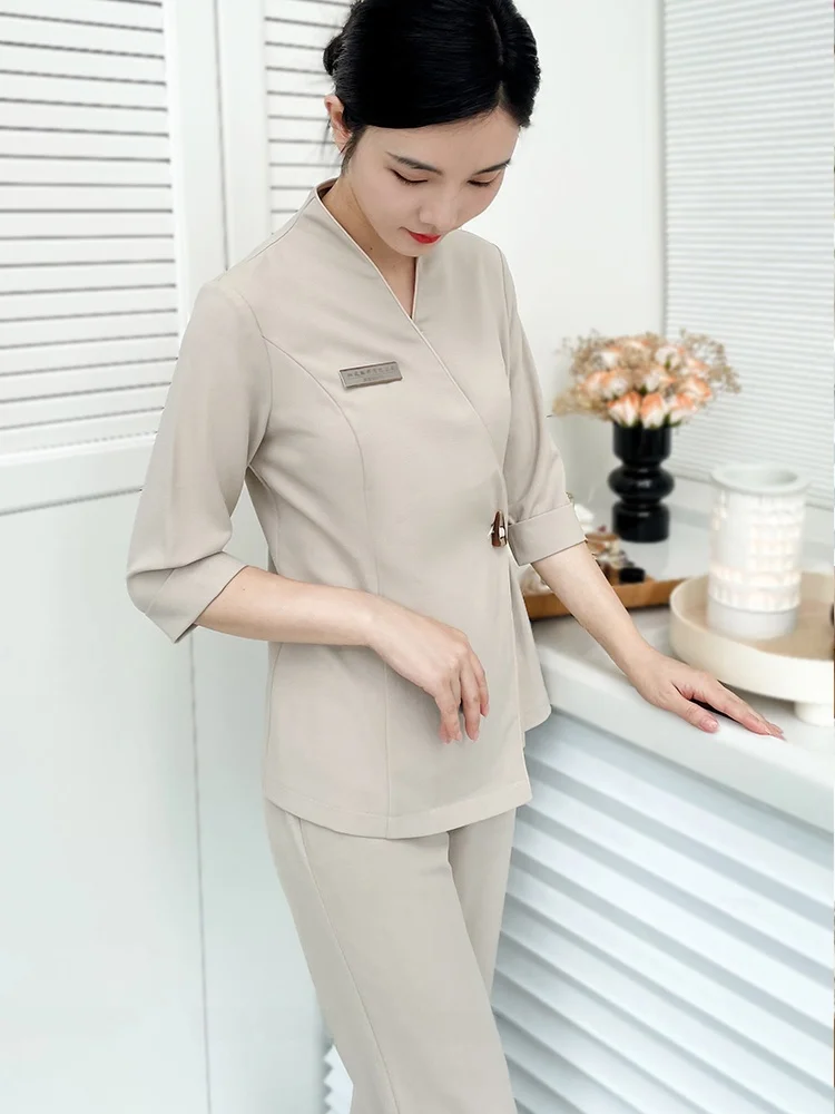 زي عمل احترافي للعاملين في مجال السبا والعناية بالبشرة والتجميل، بدون أكمام، مرن، قابل للتنفس، بأكمام ثلاثة أرباع #2