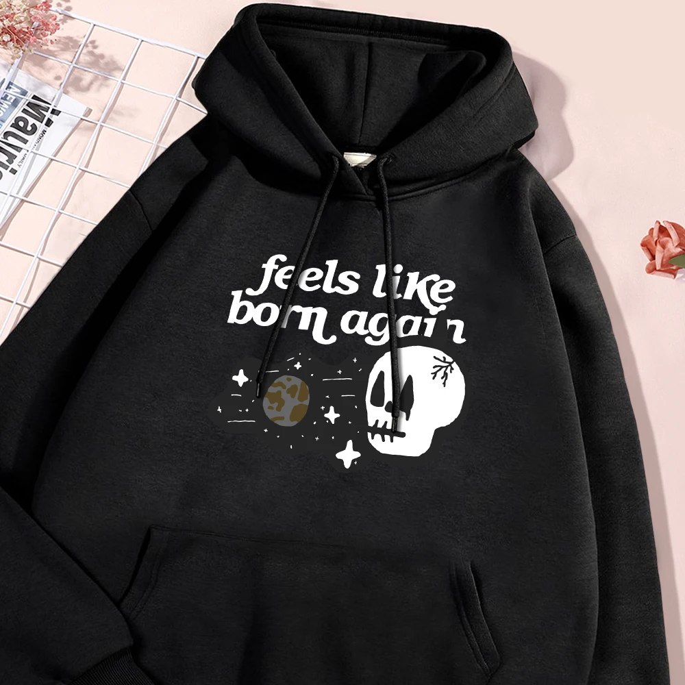 Skull Feels Like Born Again Print Man Hoodie Autumn Warm Fleece Hoodies Winter Oversize Pullover Comfort Hoody Streetwear Tops