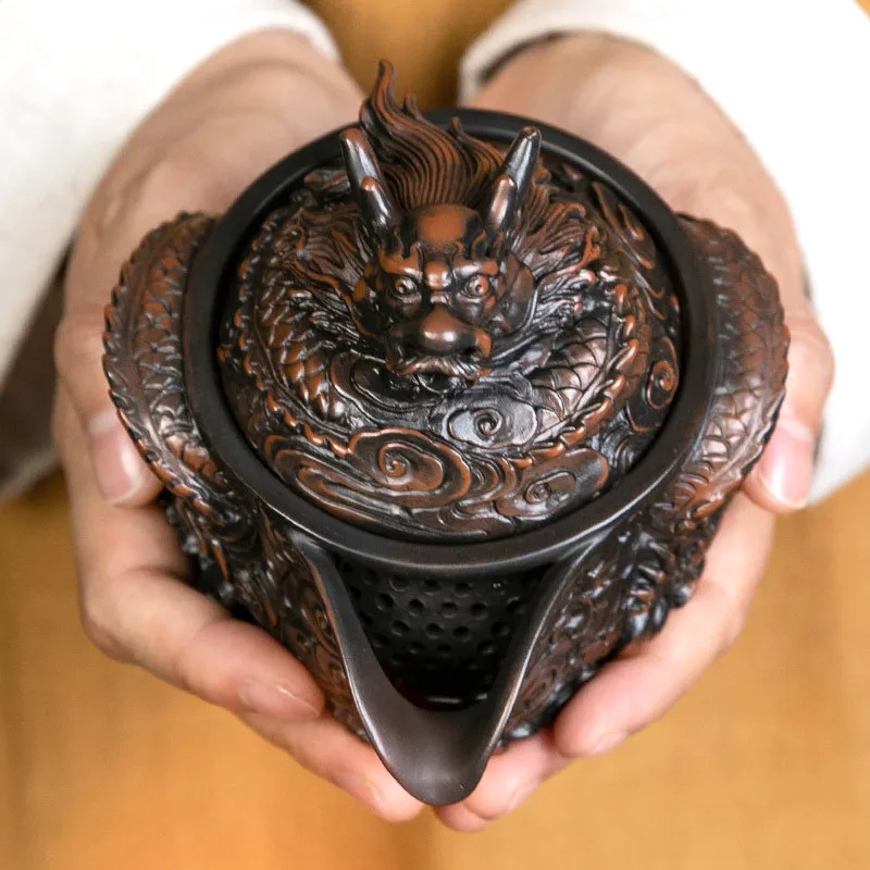 Purple Pottery Carving of Four Seas Mighty Dragon Handheld Teapot Fully Hand Made Purple Clay Teapots Household Kung Fu Tea Set