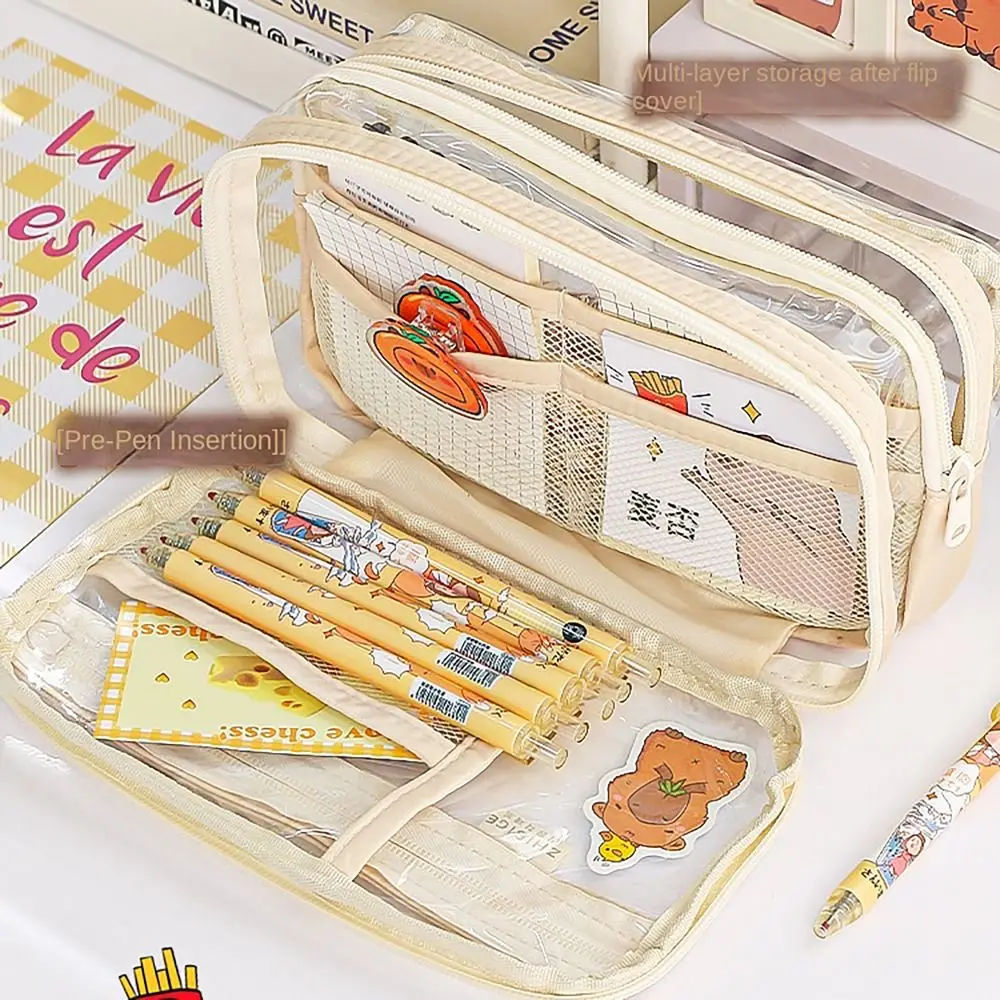 Capybara Pencil Case Transparent Partition Mesh Pocket Pen Bag Large Capacity Multi-functional Stationery Storage Pouch
