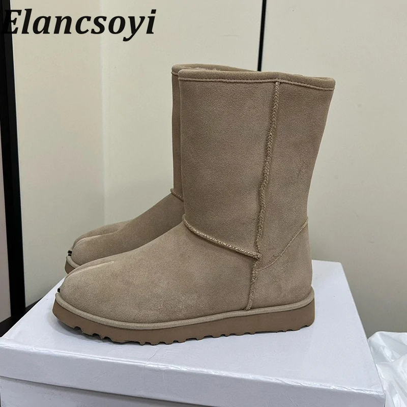 

Winter Round Toe Cow Suede Short Boots Women Flat Heels Thick Soles Anti Slip Snow Boots Female Wool Lined Warm Cotton Boots