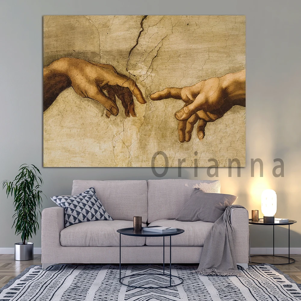 Hand Of God Michelangelo Creation Of Adam Vintage Wall Art Canvas Print Poster Modern Living Room Bedroom Office Decor Painting