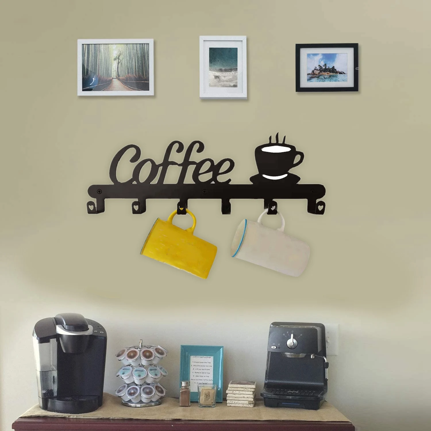 Coffee Mug Holder Wall Mounted,Coffee Bar Decor Sign,Coffee Cup Rack Holds,Coffee Sign Mug Hanger,Coffee Mug Rack