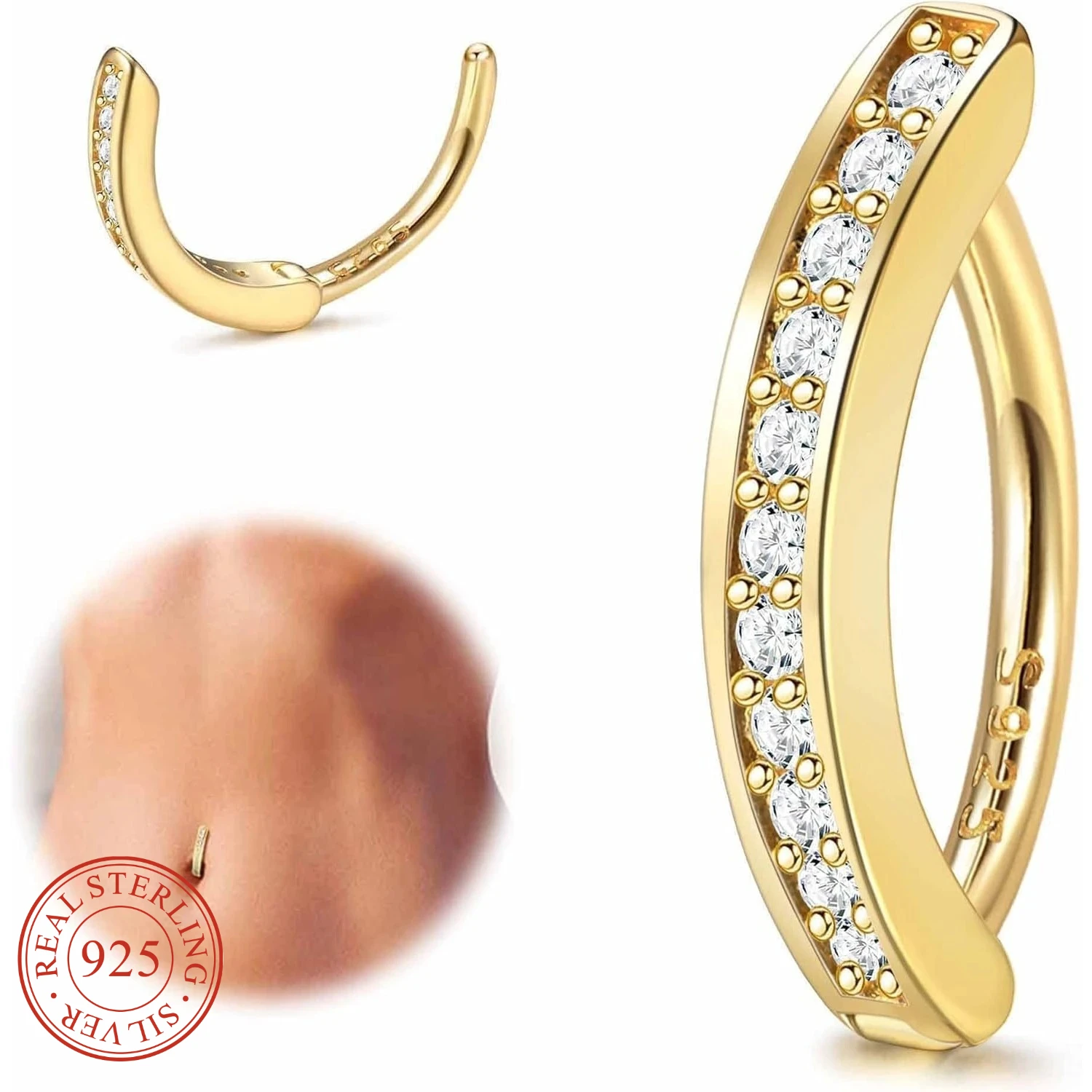 

18K Gold Plated Belly Button Rings for Women 925 Sterling Silver Belly Button Ring Curved CZ Clip-on Belly Ring Piercing Jewelry