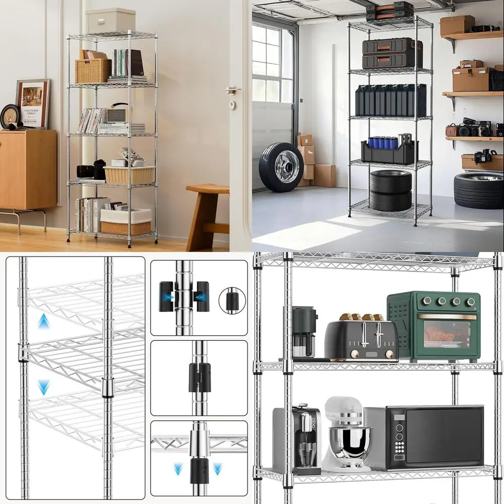5-Tier Metal Storage Rack with Wheels for Garage, Kitchen, and Laundry - Chrome, 13.7x23.6x62.4