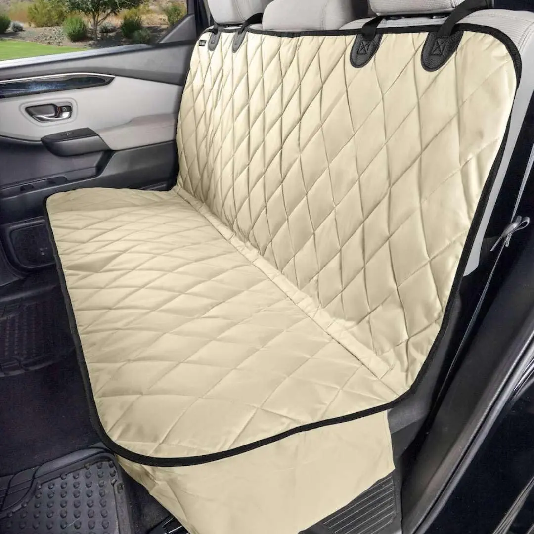 Heavy-Duty Rear Seat Cover for Dogs - Fitted, Tan Reg | K9-Shield waterproof layer, non-slip backing, quick-release clips for ea