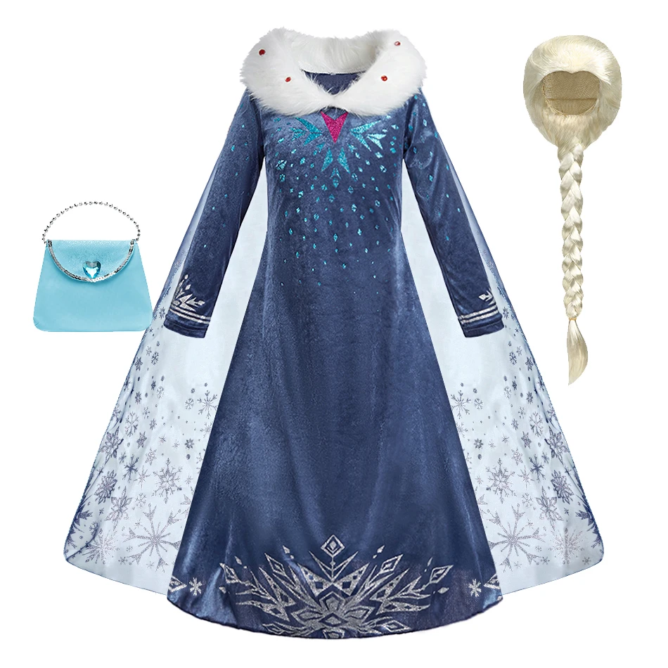 Girls Princess Dress Kids Blue Snowflake Cloak Winter Cosplay Costume with Wig Handbag Children Halloween Party Gown Outfit