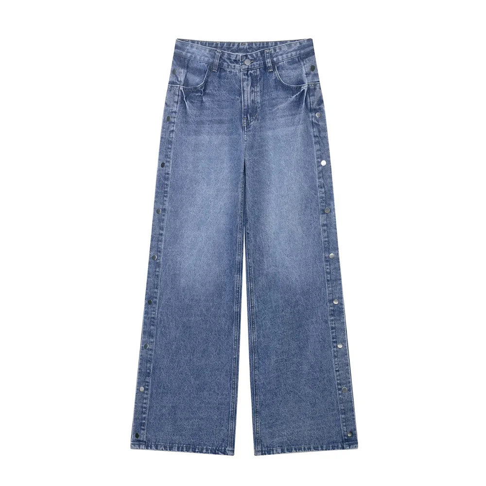 

New women's clothing European and American style fashionable high waist loose button detail straight leg jeans