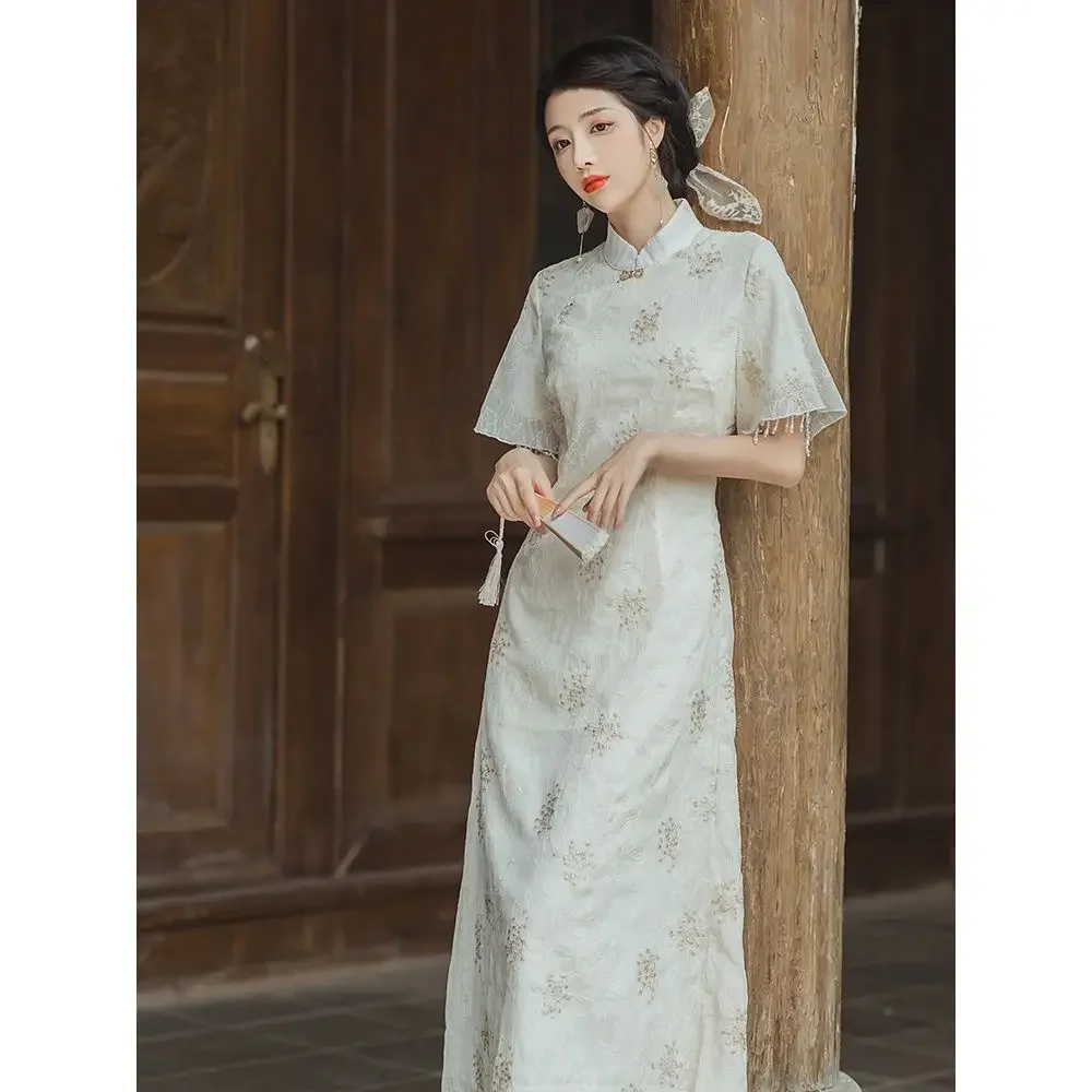 

Нежное элегантное повседневное улучшенное платье Cheongsam в стиле ретро, длинное летнее тонкое женское платье Ципао феи