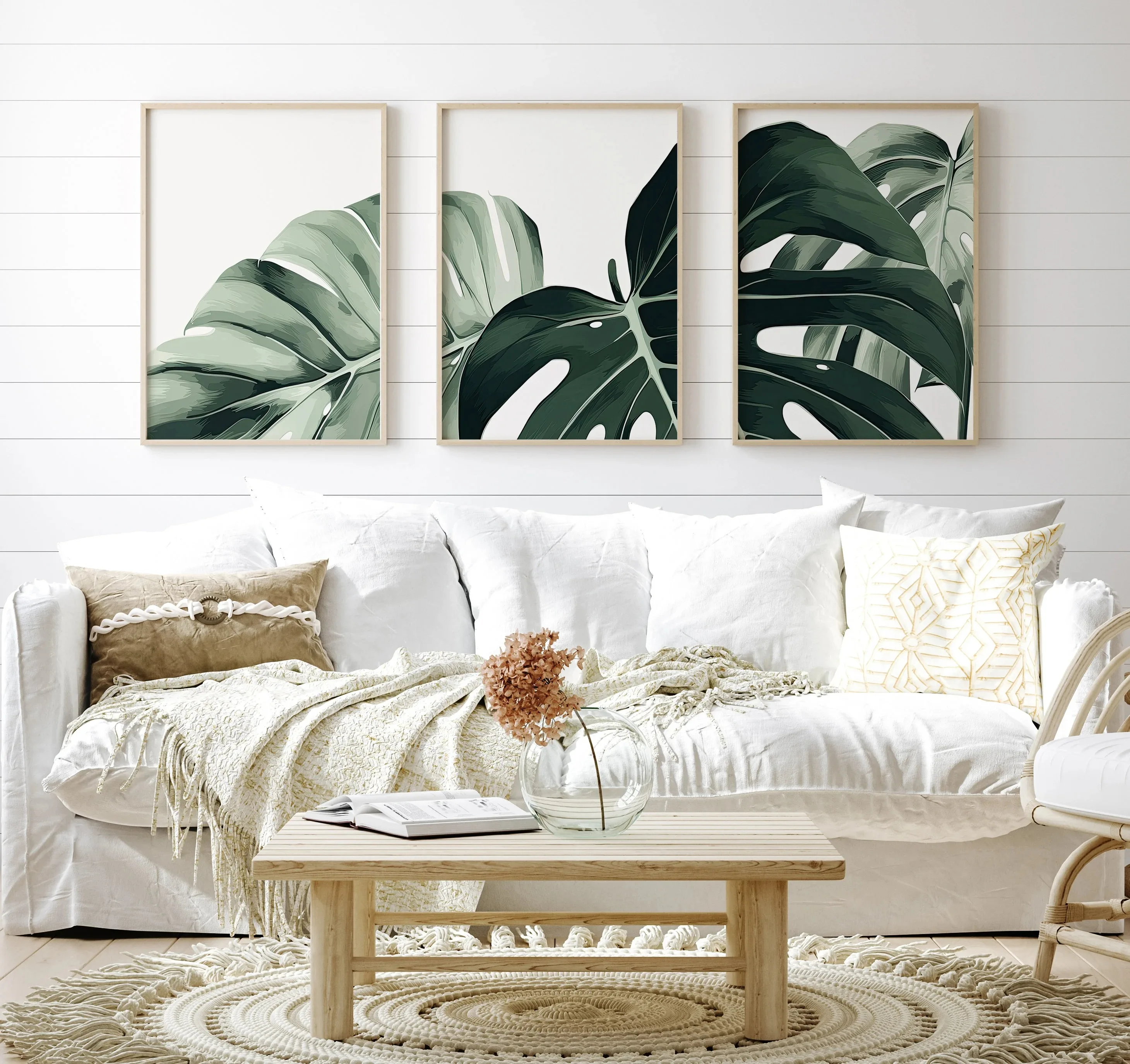 Monstera, arte de pared, tríptico, conjunto de impresión botánica, arte de pared de salón, ilustración botánica, lienzo impreso, póster artístico, decoración del hogar