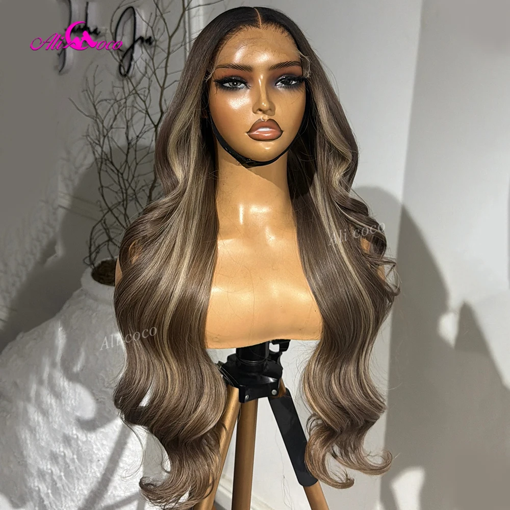200 Density Milk Tea and Brown Highlights Invisible HD Pre-cut Lace Front Drawstring Wig Remy Glueless Body Wave Real Human Hair