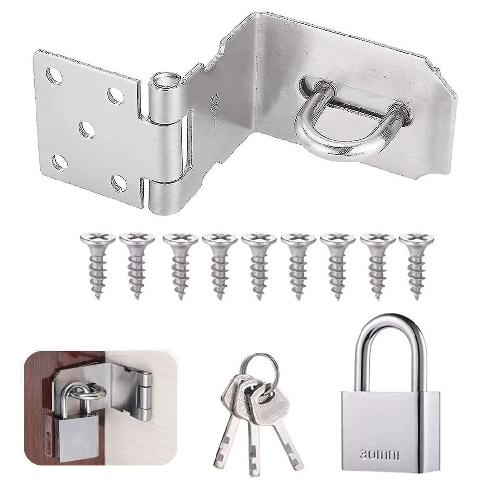 Stainless Steel Deadbolt Lock Hasp With Padlock & Screws Door Latch For Garden Gate Door Lock 90 Degree Hasp Lock Shed Lock