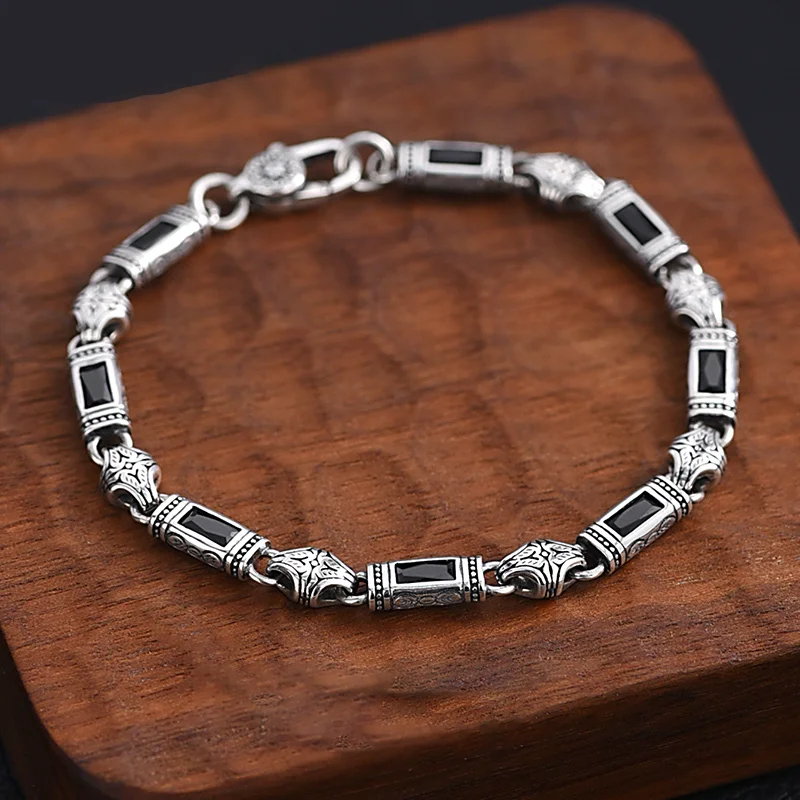 

S925 Sterling Silver Vintage Bracelet Jewelry 18/20/22cm Chain Simple Generous Black Crystal Gem Men Women Couple Party Gift