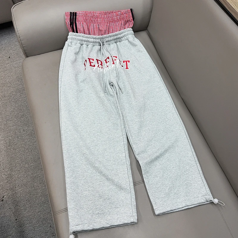 

Gray Fake Two Pieces Plaid Double Waist Embroidery Letters Casual Tapered Sweatpants Men Women Loose Straight Wide Leg Trousers