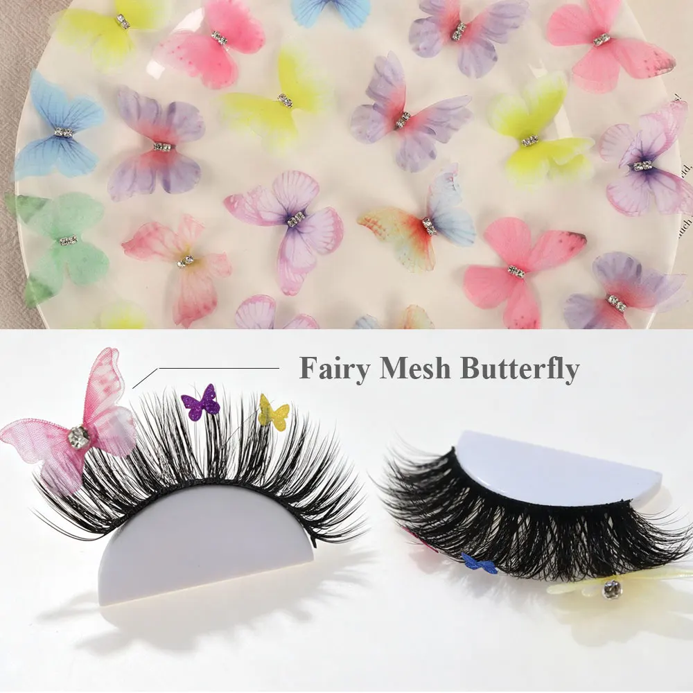 3D Faux Mink False Eyelashes Colorful Butterfly Rhinestone Decor Thick Fluffy Full Strip Lashes Fairy Stage Cosplay Halloween Pa