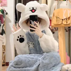 Kawaii Animal Dog Sleeping Nightgown Youthful Couple Woman Pants Set Coral Hood Robe Outwear Home Fur Kpop Korean Pijama Pjs