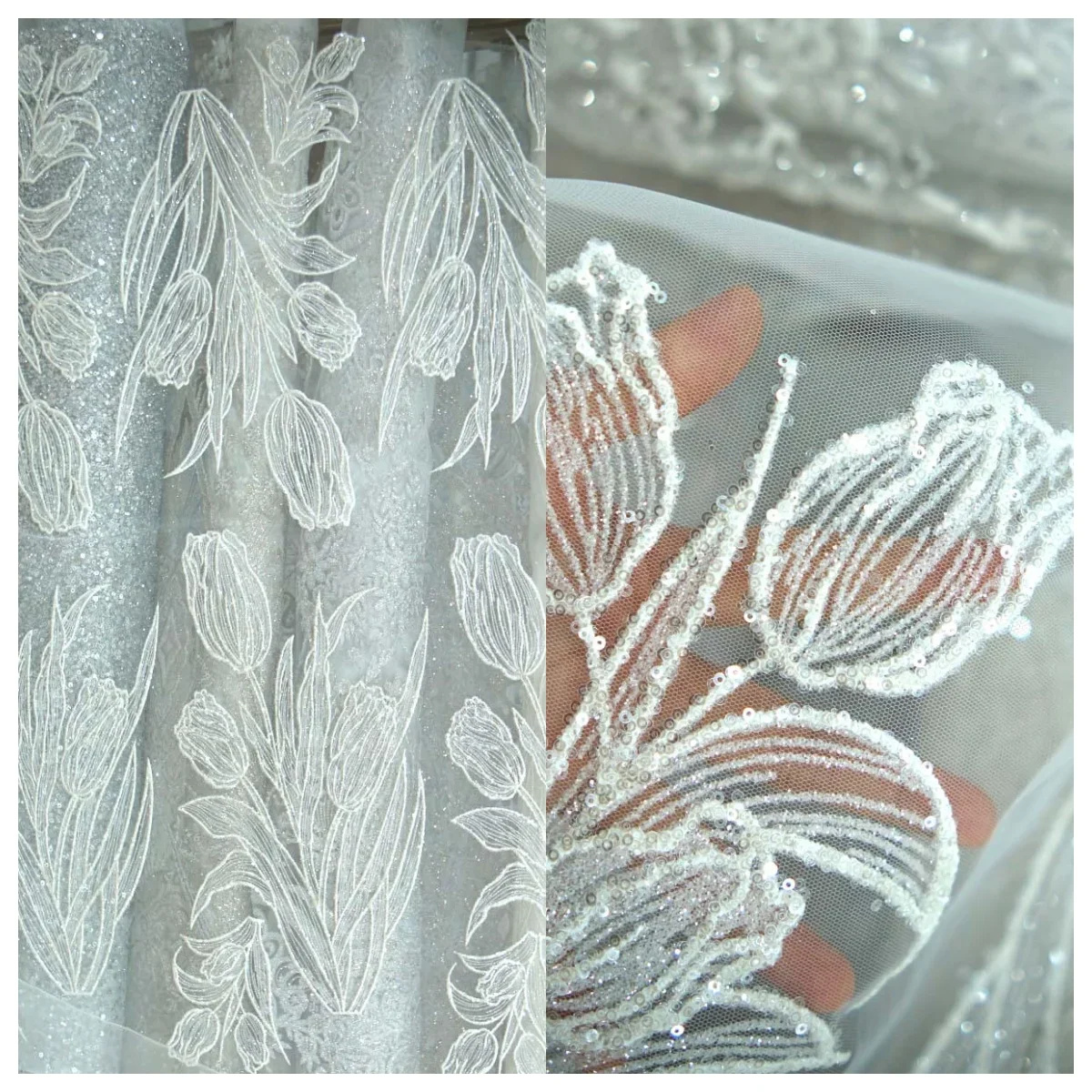 White Tulle Fabric With Sequin Flower Embroidery Mesh For Bridal Dress Wedding Veil Evening Gown Textile Material Luxury Craft