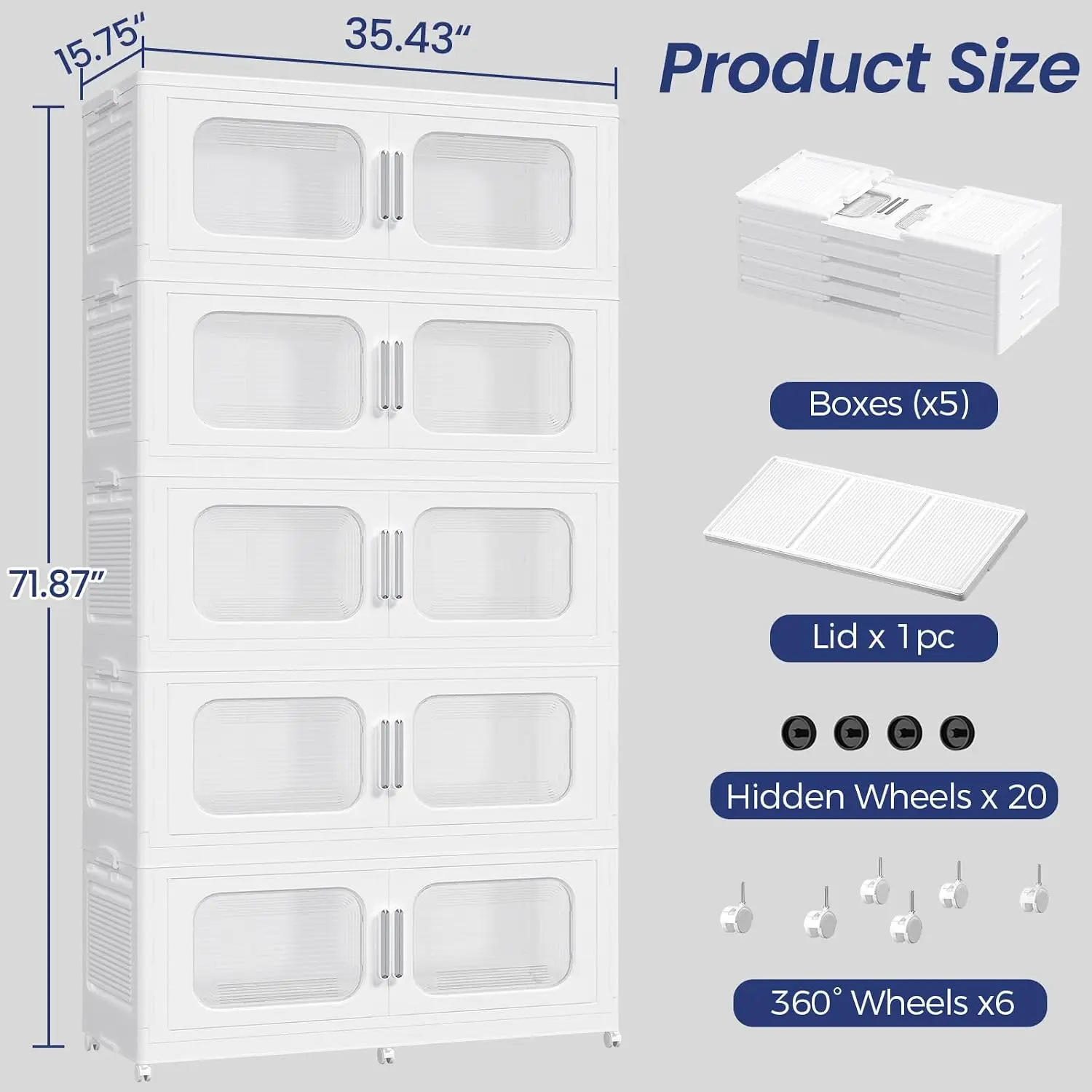 250Gal Stackable Storage Bins with Wheels Lid Doors, 5-Tier Collapsible Drawers Organizers Home Bedroom, White, Customized