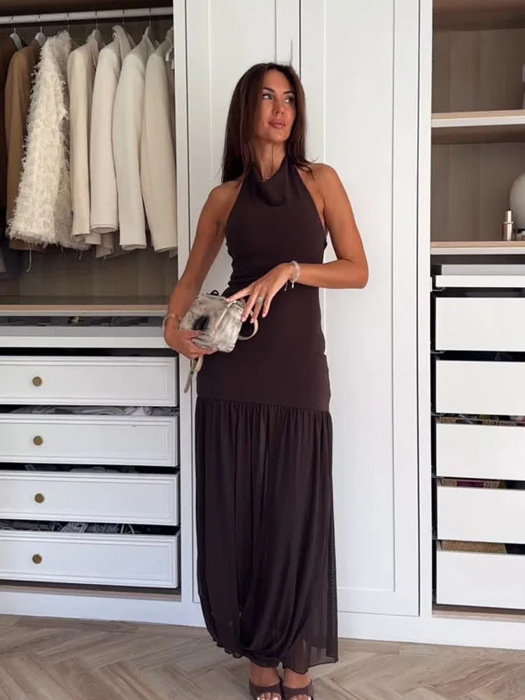 HH dames nieuwe mode zomer mouwloze jurk effen swingende kraag backless decoratie knop vrouwelijke sexy slanke lange jurk